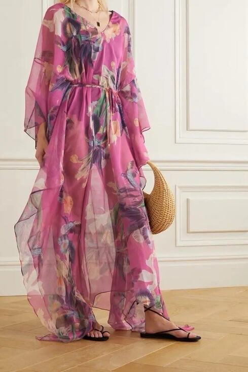 PatBO Tops - PatBO Grace Asymmetric Floral-Print Gauze Kaftan Bathing Suit Cover Up Summer XS